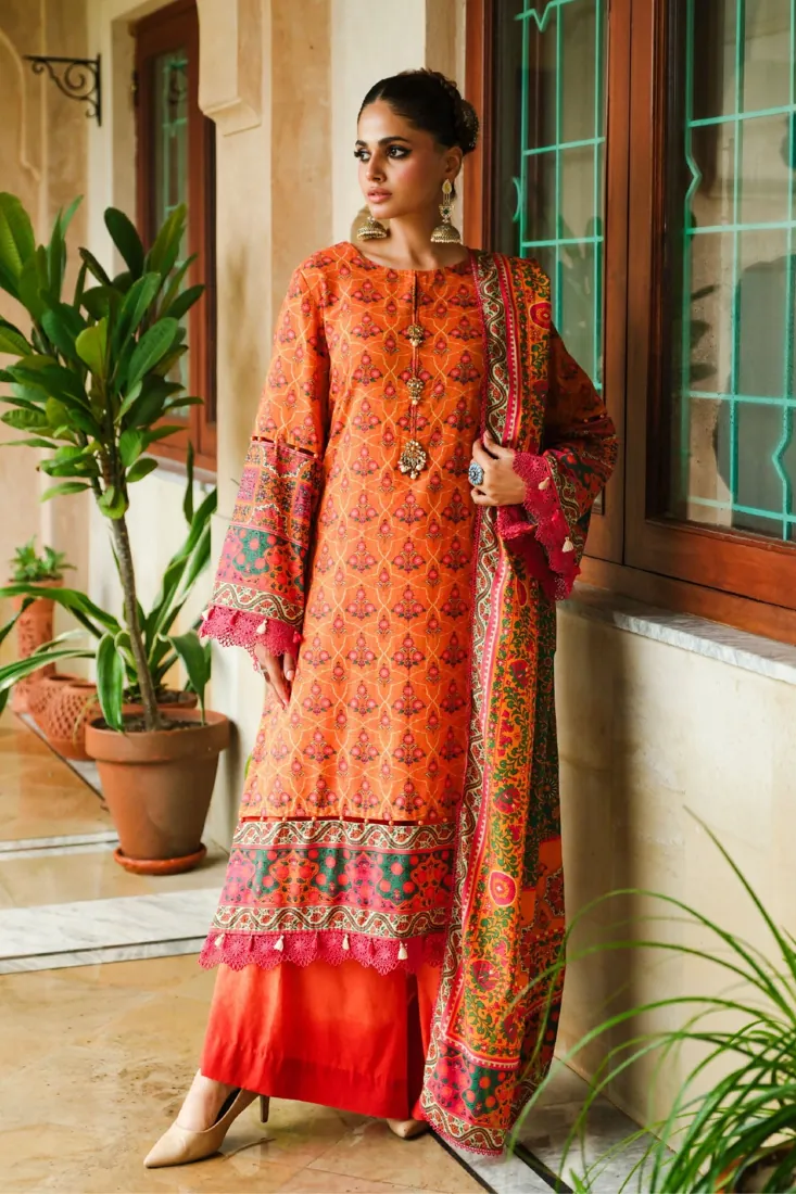 Orange-Yellow Printed Slub Khaddar 3-Piece Winter Collection - image 1