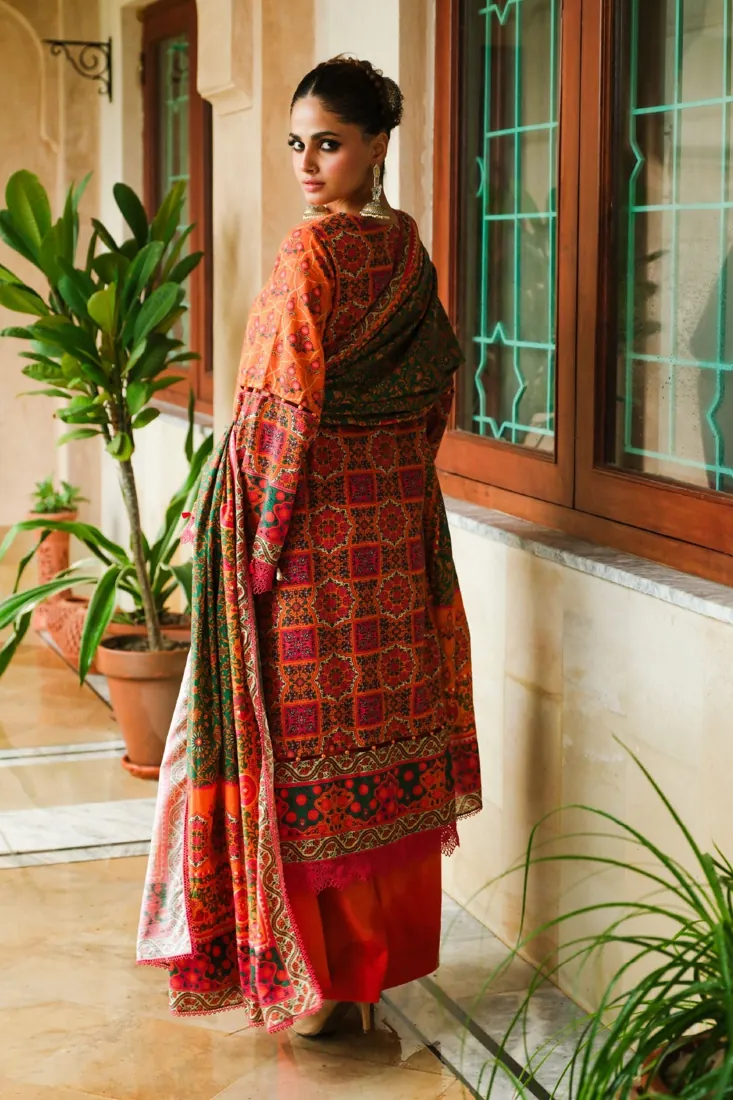 Orange-Yellow Printed Slub Khaddar 3-Piece Winter Collection - image 2