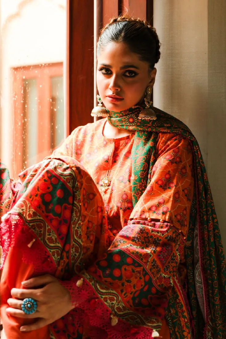 Orange-Yellow Printed Slub Khaddar 3-Piece Winter Collection - image 3