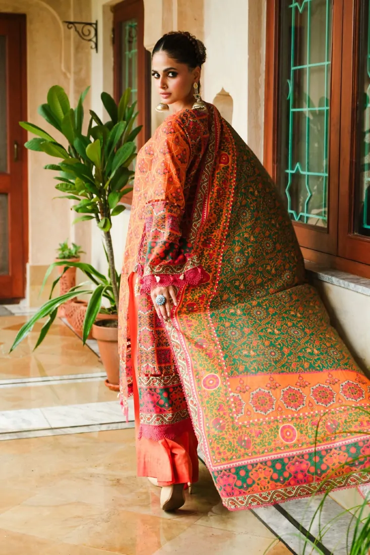Orange-Yellow Printed Slub Khaddar 3-Piece Winter Collection - image 4