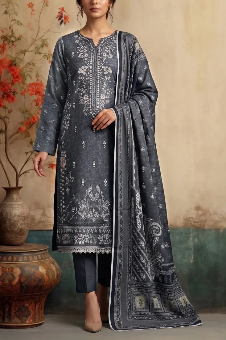 Charcoal Grey Embroidered Khaddar 3-Piece Winter Collection - image 1