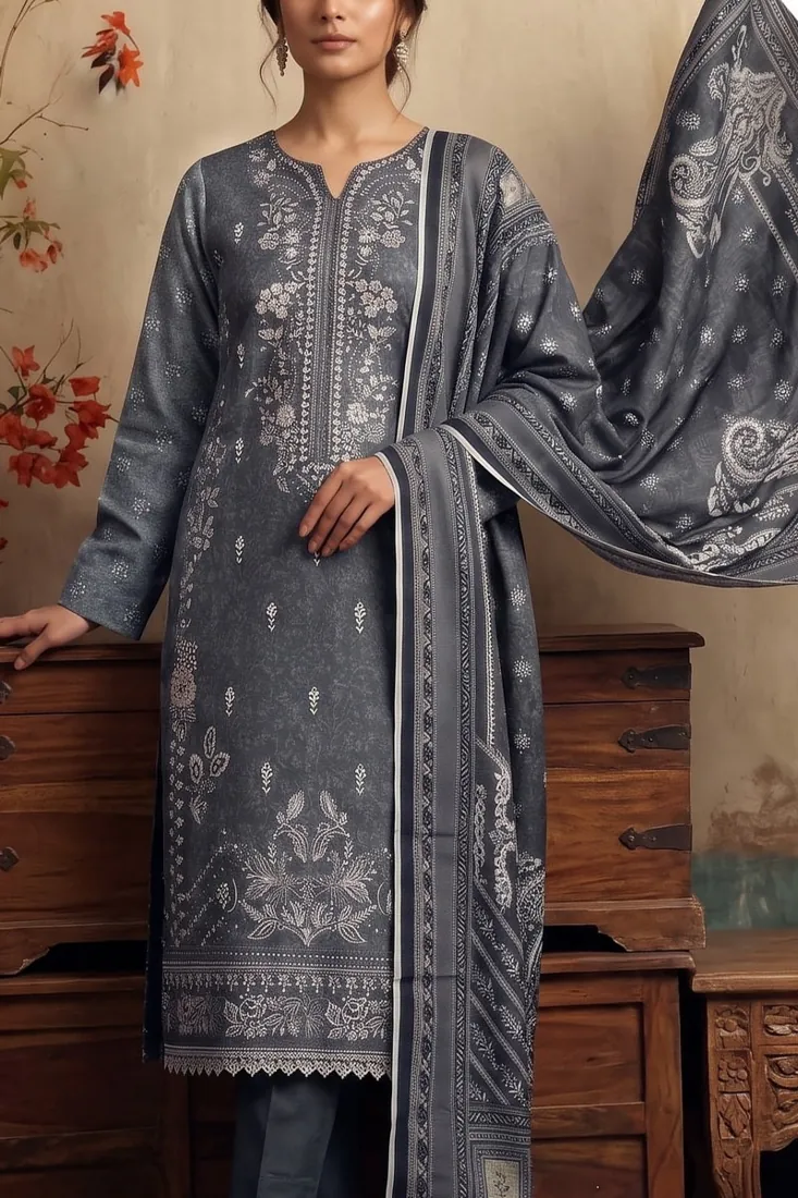 Charcoal Grey Embroidered Khaddar 3-Piece Winter Collection - image 2