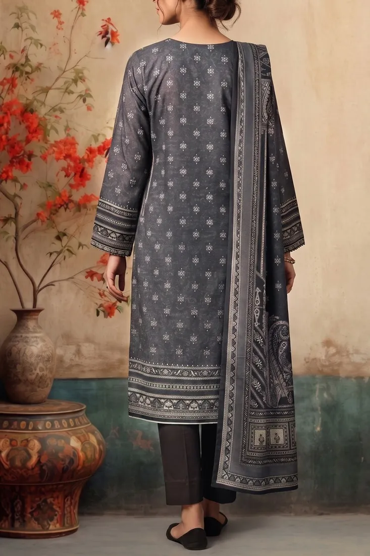 Charcoal Grey Embroidered Khaddar 3-Piece Winter Collection - image 3
