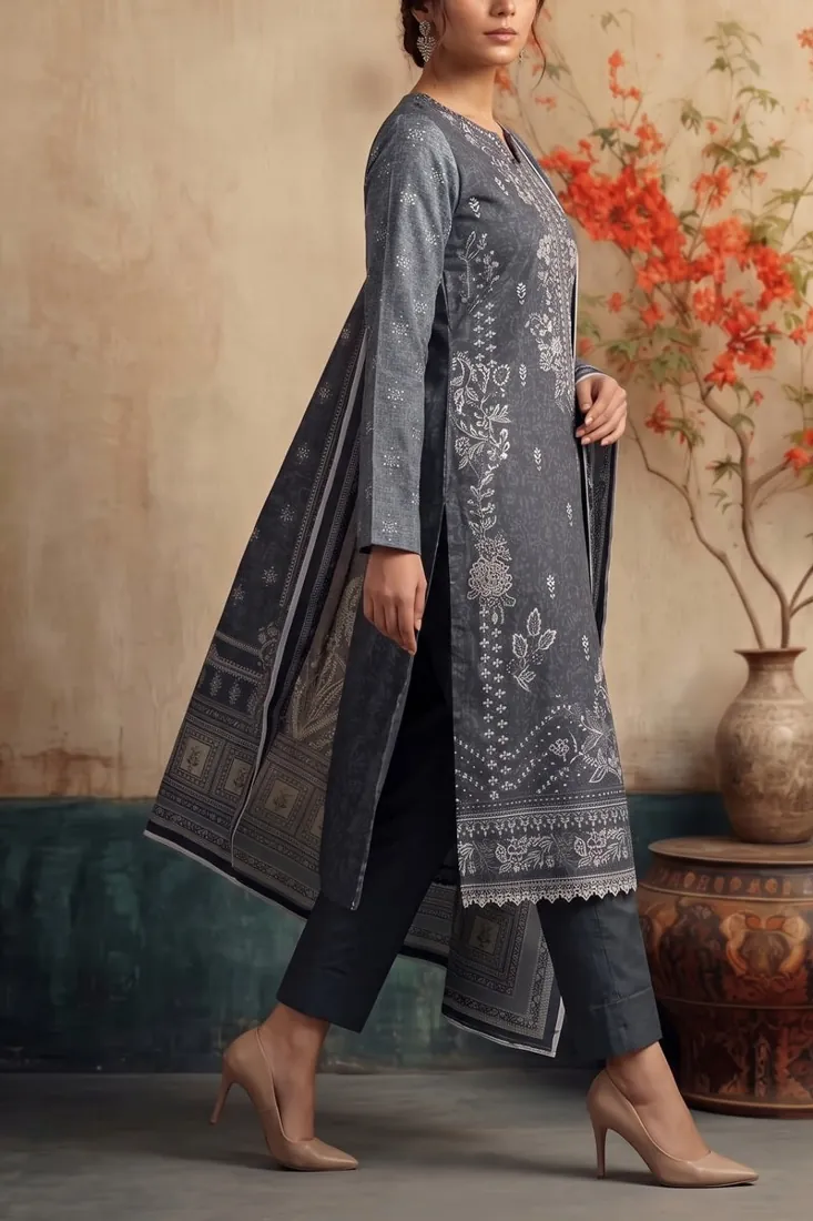 Charcoal Grey Embroidered Khaddar 3-Piece Winter Collection - image 4