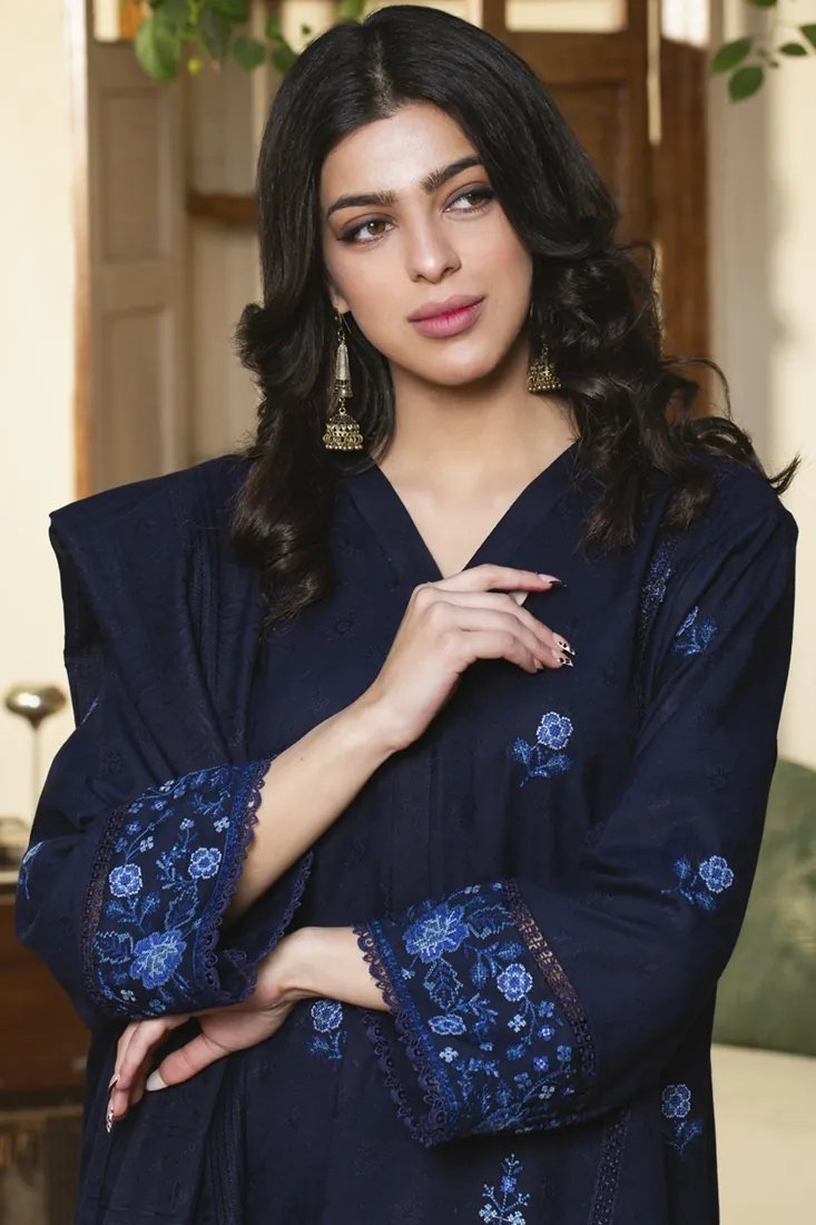 Navy Blue Embroidered Jacquard Wool 3-Piece Winter Collection - image 1