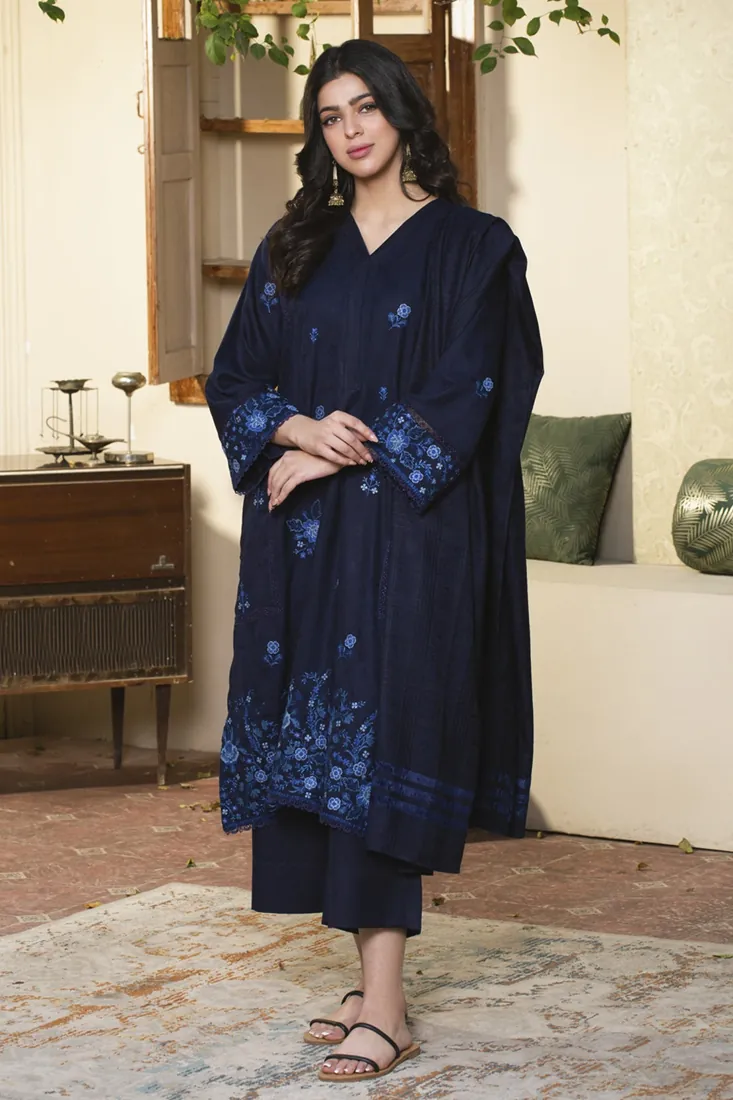 Navy Blue Embroidered Jacquard Wool 3-Piece Winter Collection - image 2
