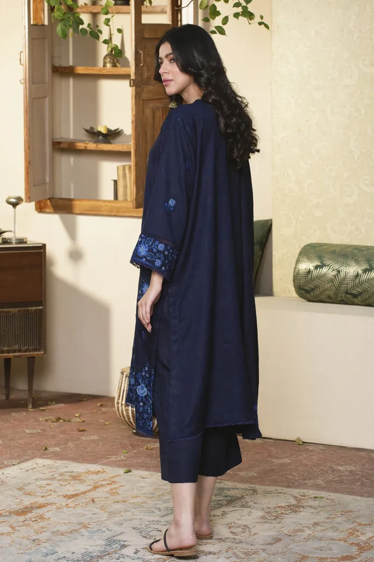 Navy Blue Embroidered Jacquard Wool 3-Piece Winter Collection - image 3