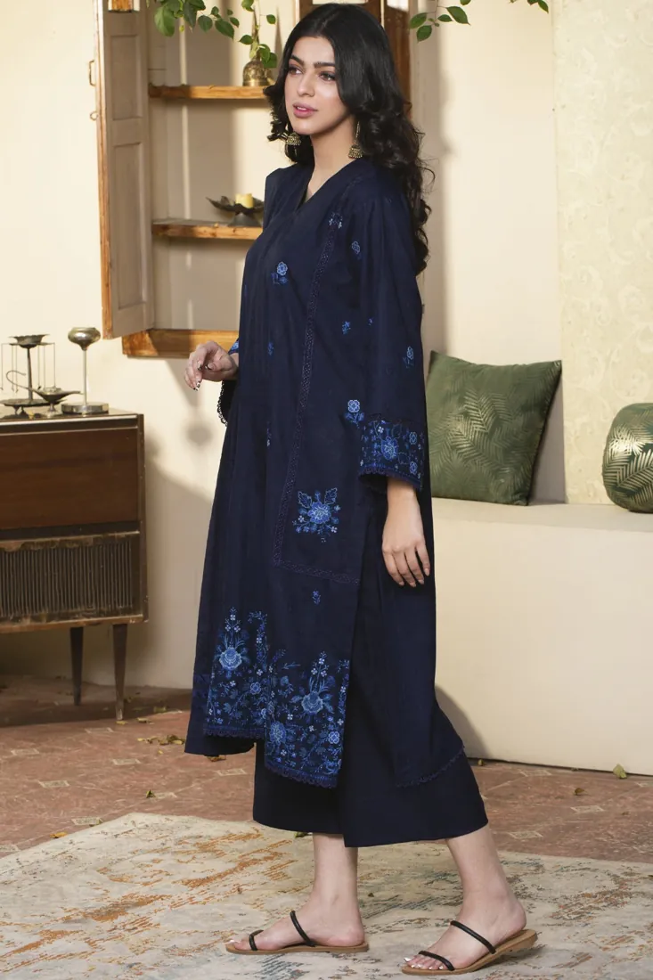 Navy Blue Embroidered Jacquard Wool 3-Piece Winter Collection - image 4