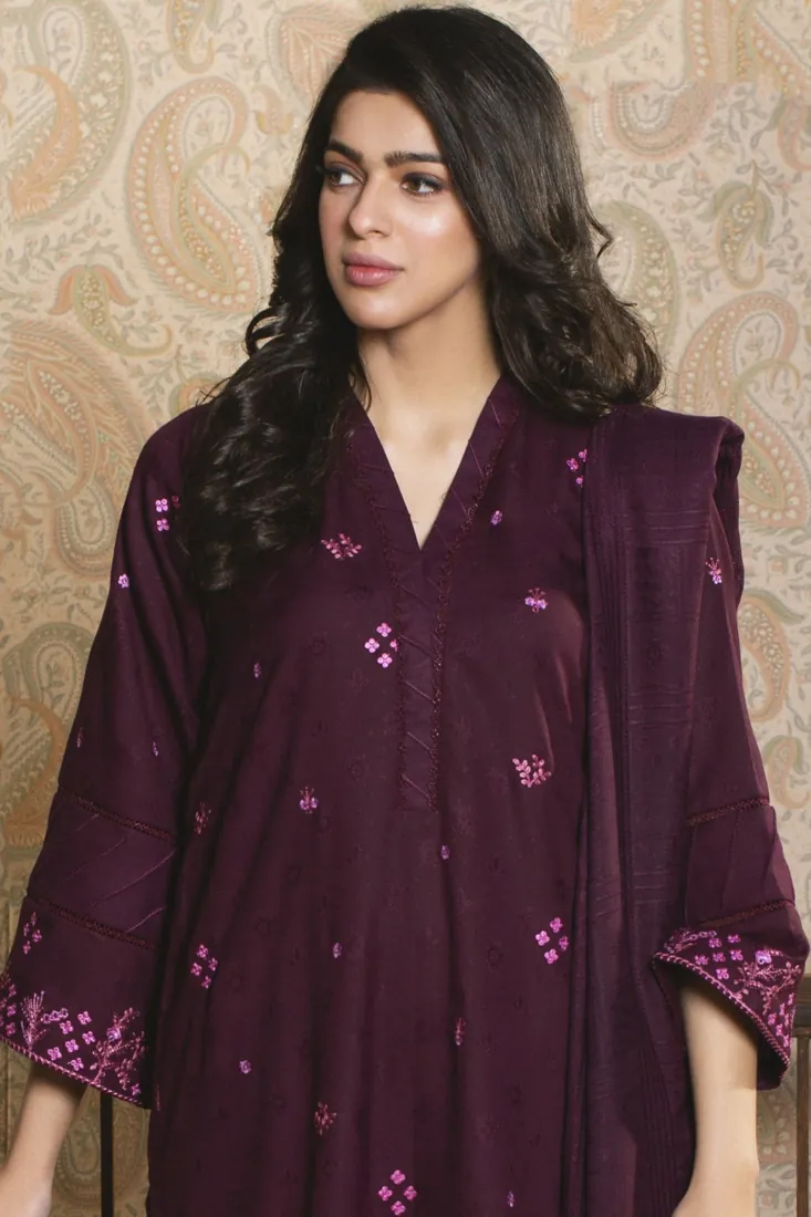 Wine Embroidered Jacquard Wool 3-Piece Winter Collection - image 1