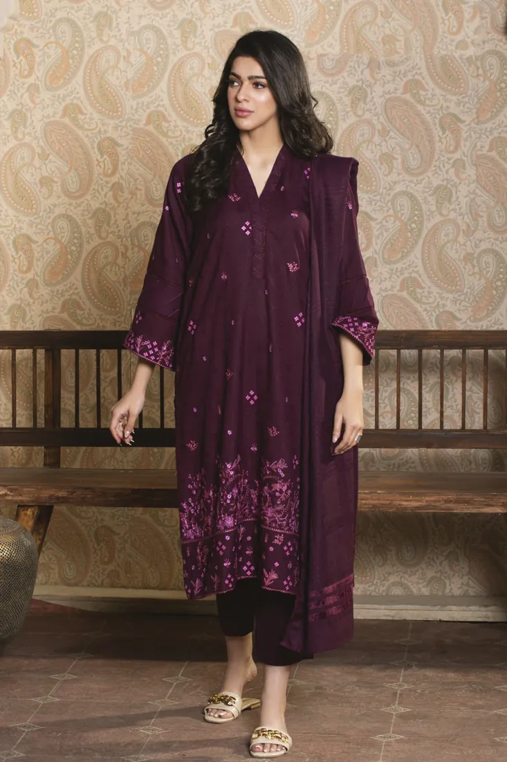 Wine Embroidered Jacquard Wool 3-Piece Winter Collection - image 2