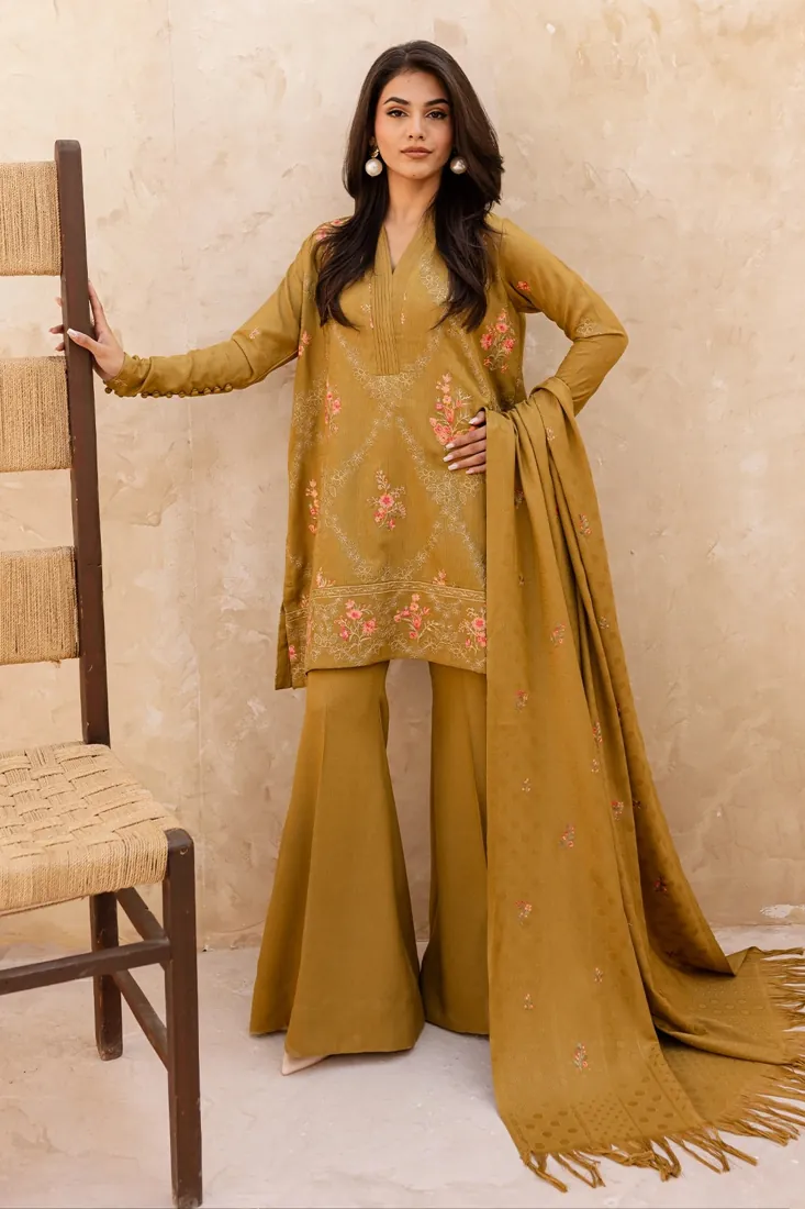 Mustard Embroidered Dhanak Wool 3-Piece Winter Collection - image 1