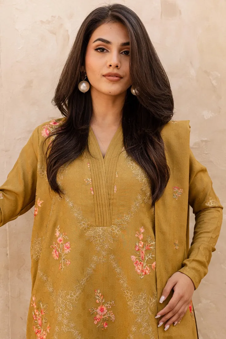 Mustard Embroidered Dhanak Wool 3-Piece Winter Collection - image 3