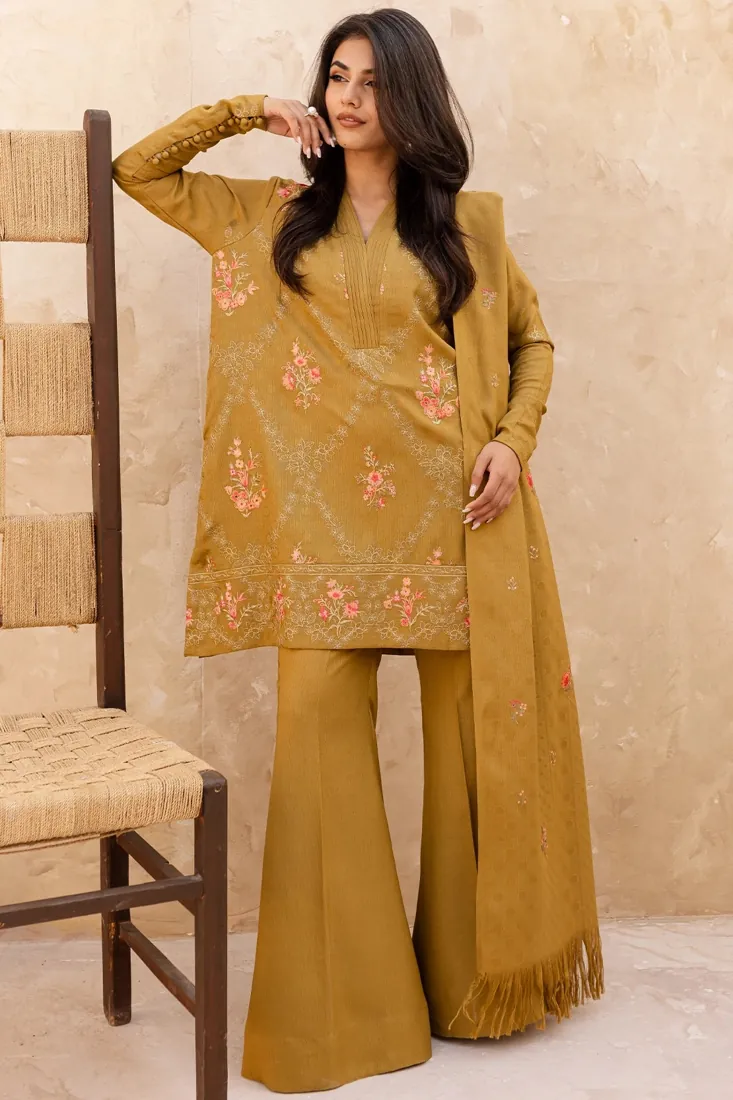 Mustard Embroidered Dhanak Wool 3-Piece Winter Collection - image 4