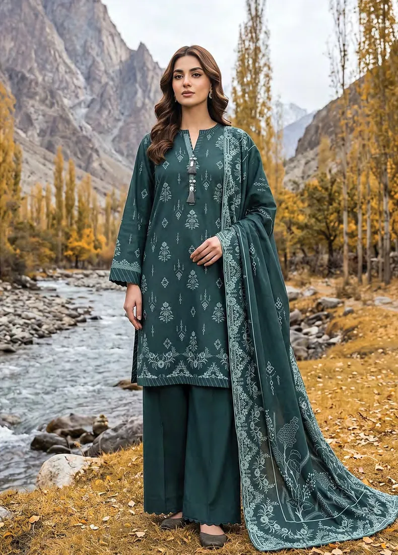 Teal Green Printed Pashmina 3-Piece Winter Collection - image 1