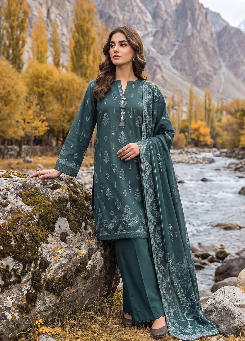 Teal Green Printed Pashmina 3-Piece Winter Collection - image 2