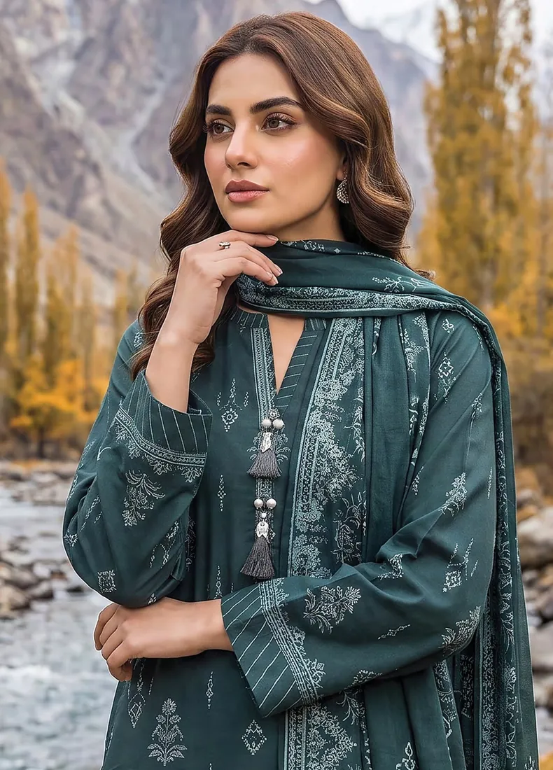 Teal Green Printed Pashmina 3-Piece Winter Collection - image 4