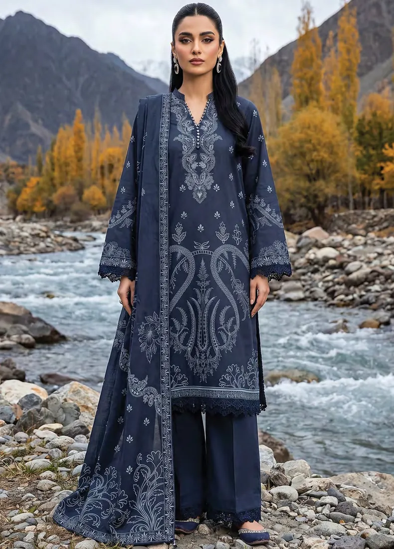 Navy Blue Paisley Printed Pashmina 3-Piece Winter Collection - image 1