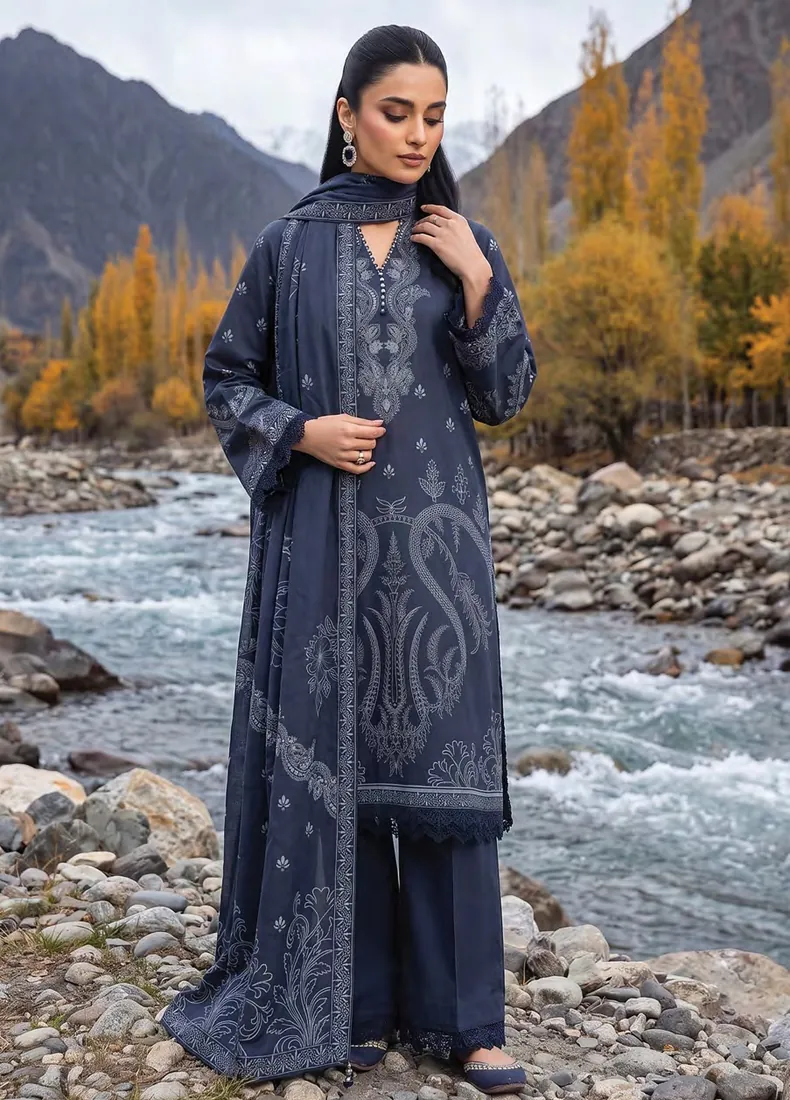 Navy Blue Paisley Printed Pashmina 3-Piece Winter Collection - image 2