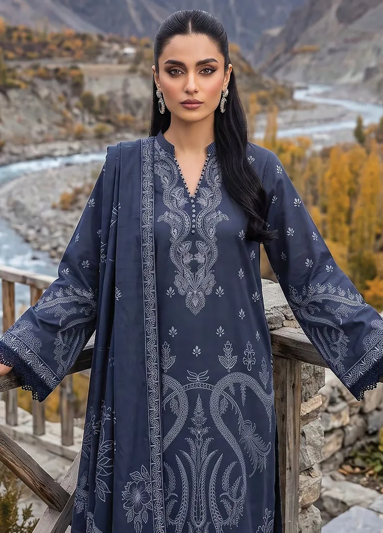 Navy Blue Paisley Printed Pashmina 3-Piece Winter Collection - image 3