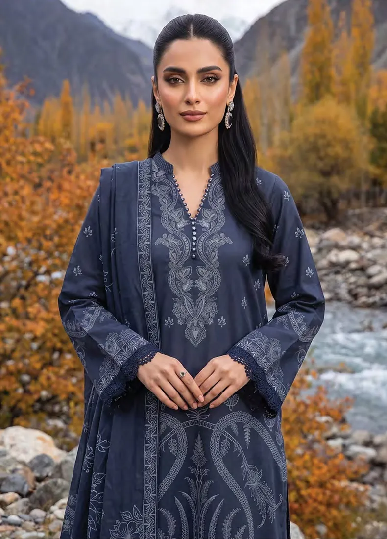 Navy Blue Paisley Printed Pashmina 3-Piece Winter Collection - image 4
