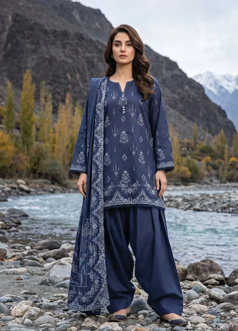 Navy Blue Printed Pashmina 3-Piece Winter Collection - image 1