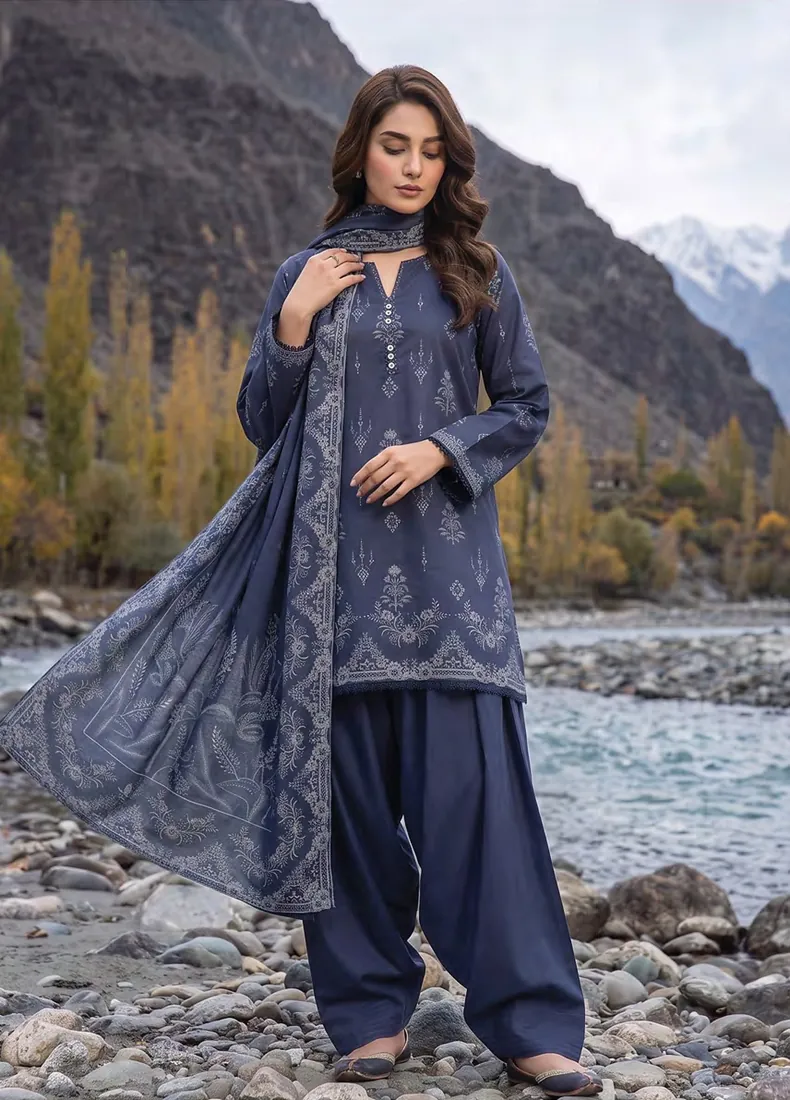 Navy Blue Printed Pashmina 3-Piece Winter Collection - image 2