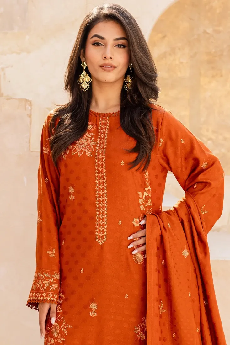 Burnt Orange Embroidered Dhanak Wool 3-Piece Winter Collection - image 2