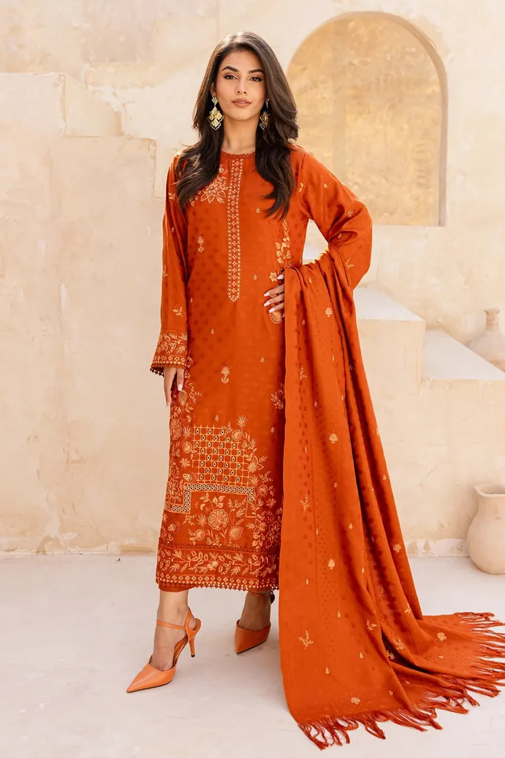 Burnt Orange Embroidered Dhanak Wool 3-Piece Winter Collection - image 3