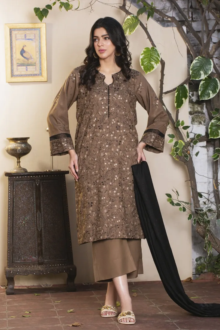 Khaki Brown Embroidered Jacquard Wool 3-Piece Winter Collection - image 2