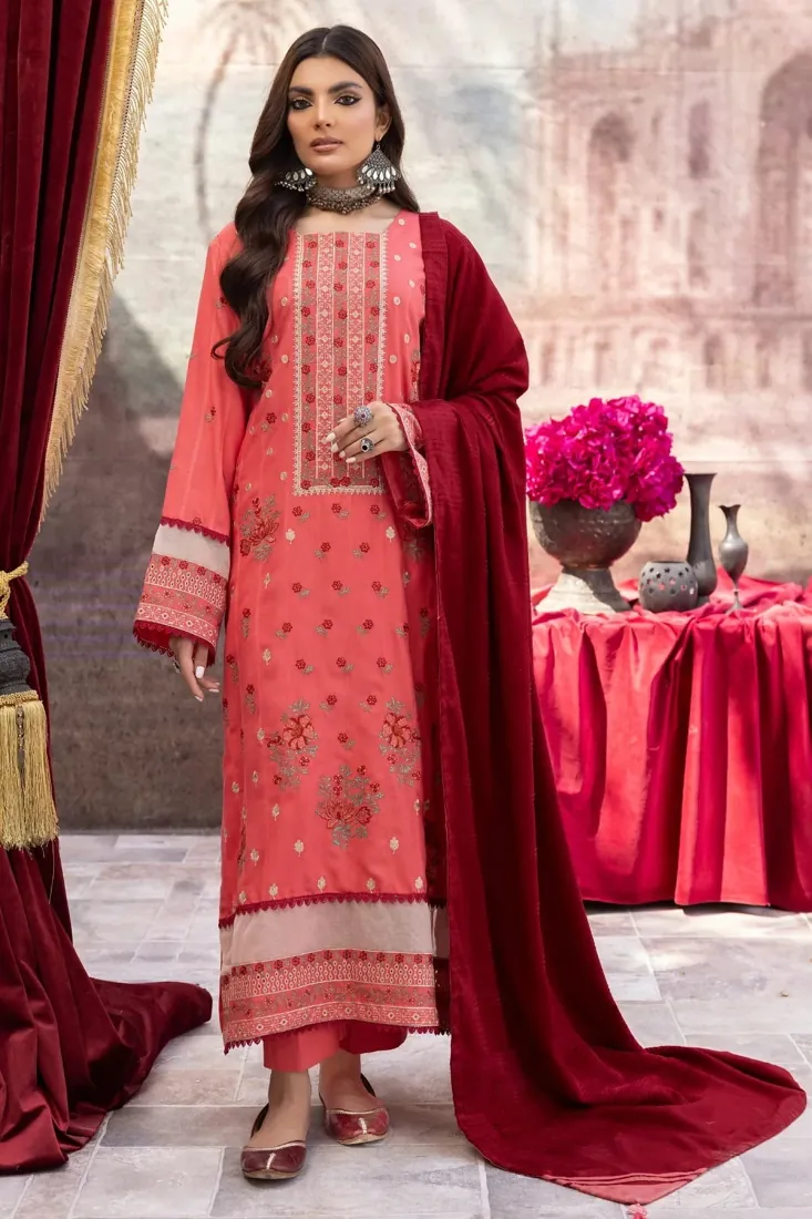 Coral Embroidered Dhanak 3-Piece Winter Collection - image 1