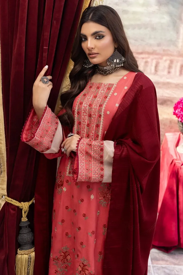 Coral Embroidered Dhanak 3-Piece Winter Collection - image 3