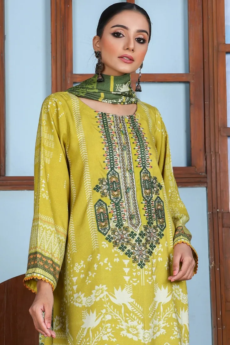 Lime Yellow Embroidered Printed Peach 3-Piece Winter Collection - image 1