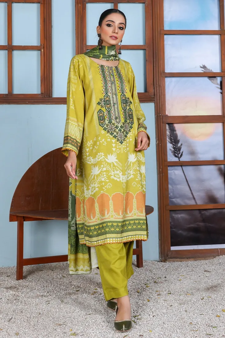 Lime Yellow Embroidered Printed Peach 3-Piece Winter Collection - image 2