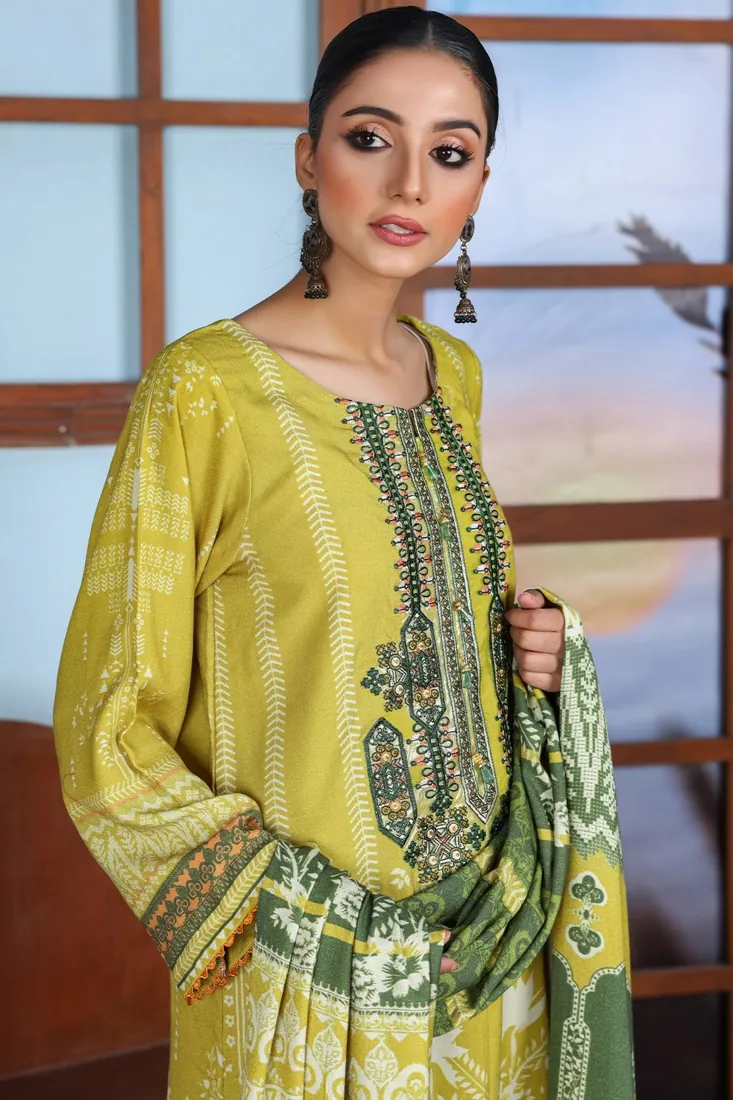 Lime Yellow Embroidered Printed Peach 3-Piece Winter Collection - image 4