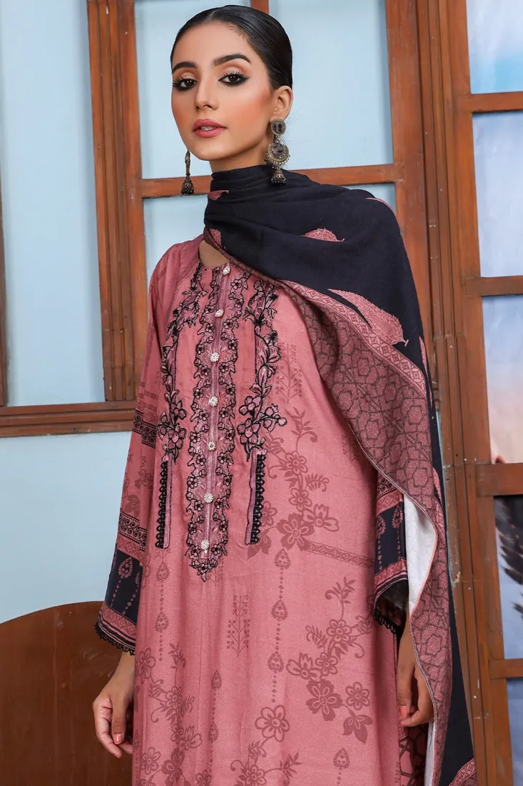 Rose Pink Embroidered Printed Peach 3-Piece Winter Collection - image 1