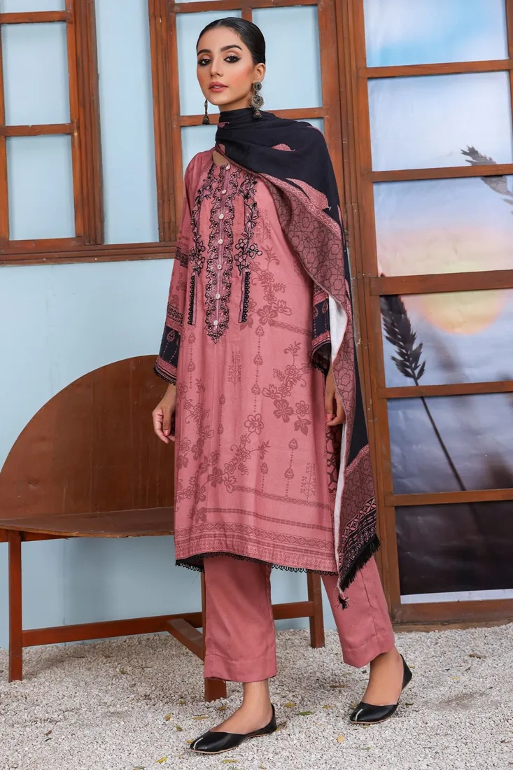 Rose Pink Embroidered Printed Peach 3-Piece Winter Collection - image 2