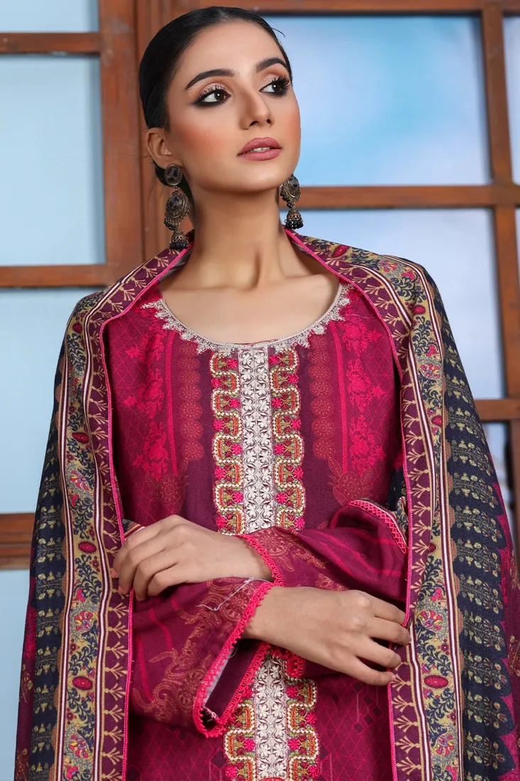 Magenta Embroidered Printed Peach 3-Piece Winter Collection - image 4