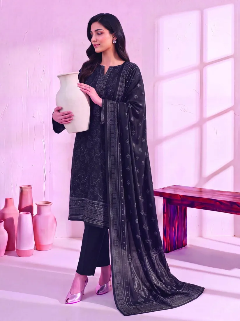 Black Printed Linen 3-Piece Winter Collection - image 2