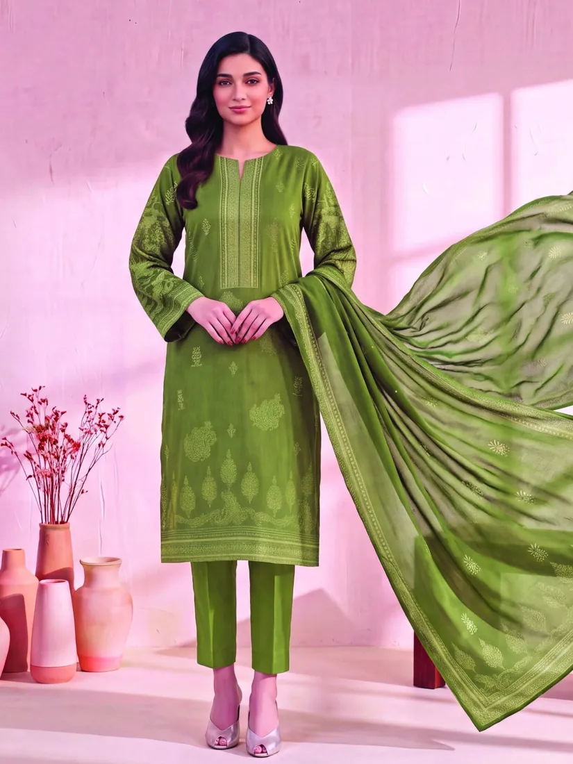 Green Printed Linen 3-Piece Winter Collection - image 1