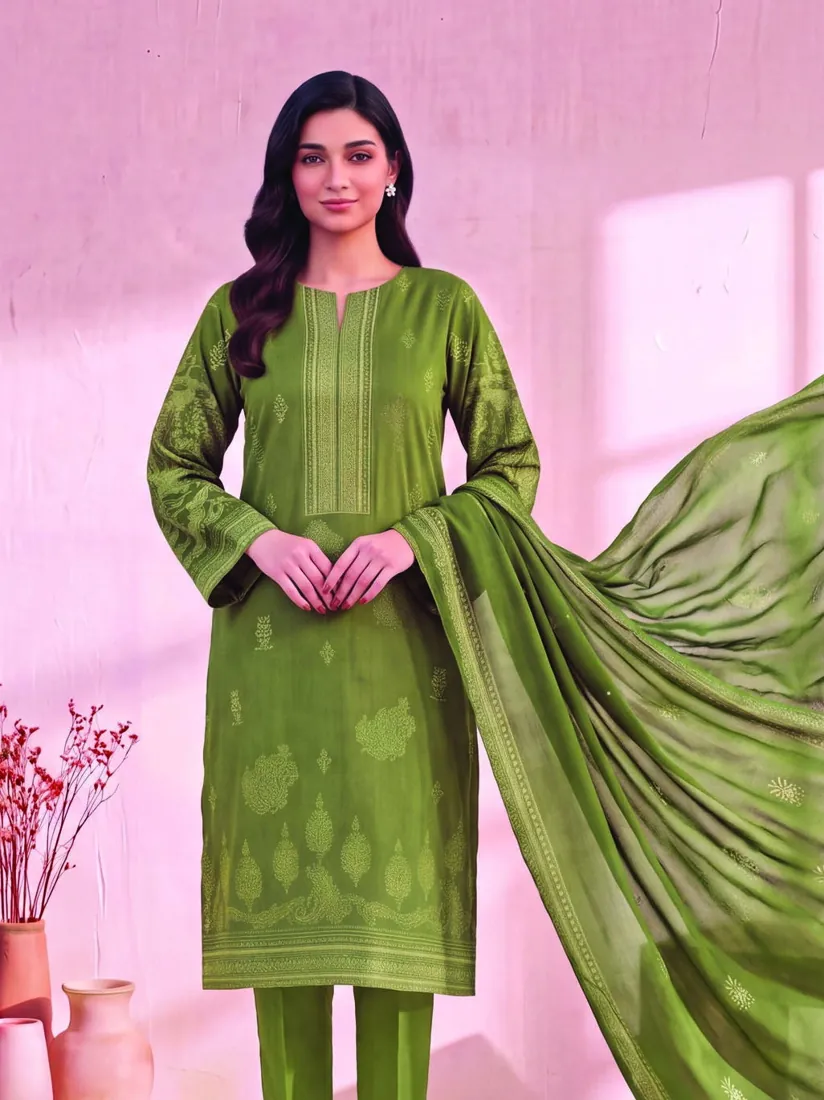 Green Printed Linen 3-Piece Winter Collection - image 2