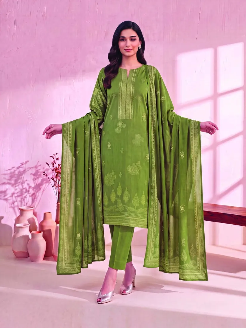 Green Printed Linen 3-Piece Winter Collection - image 5