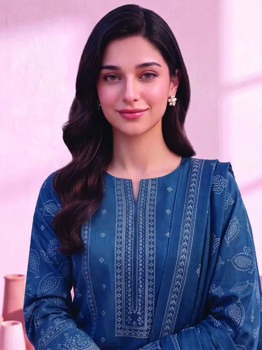Blue Printed Linen 3-Piece Winter Collection - image 4