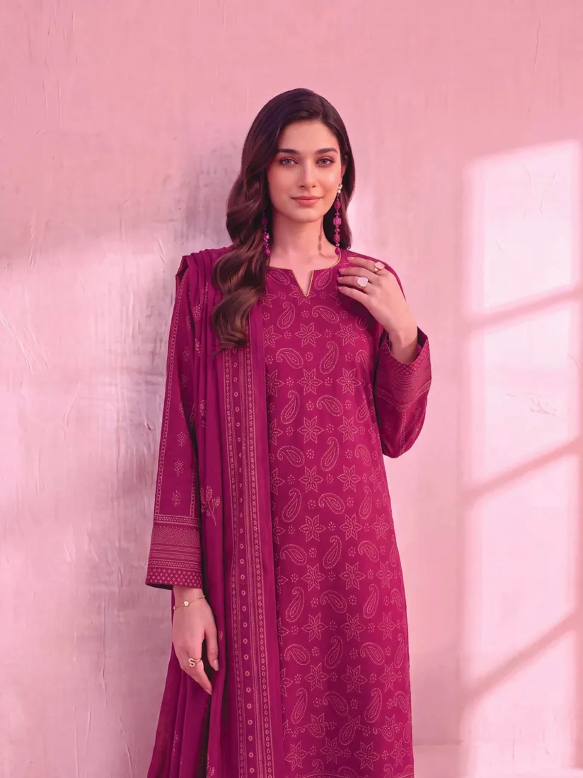 Maroon Printed Linen 3-Piece Winter Collection - image 4