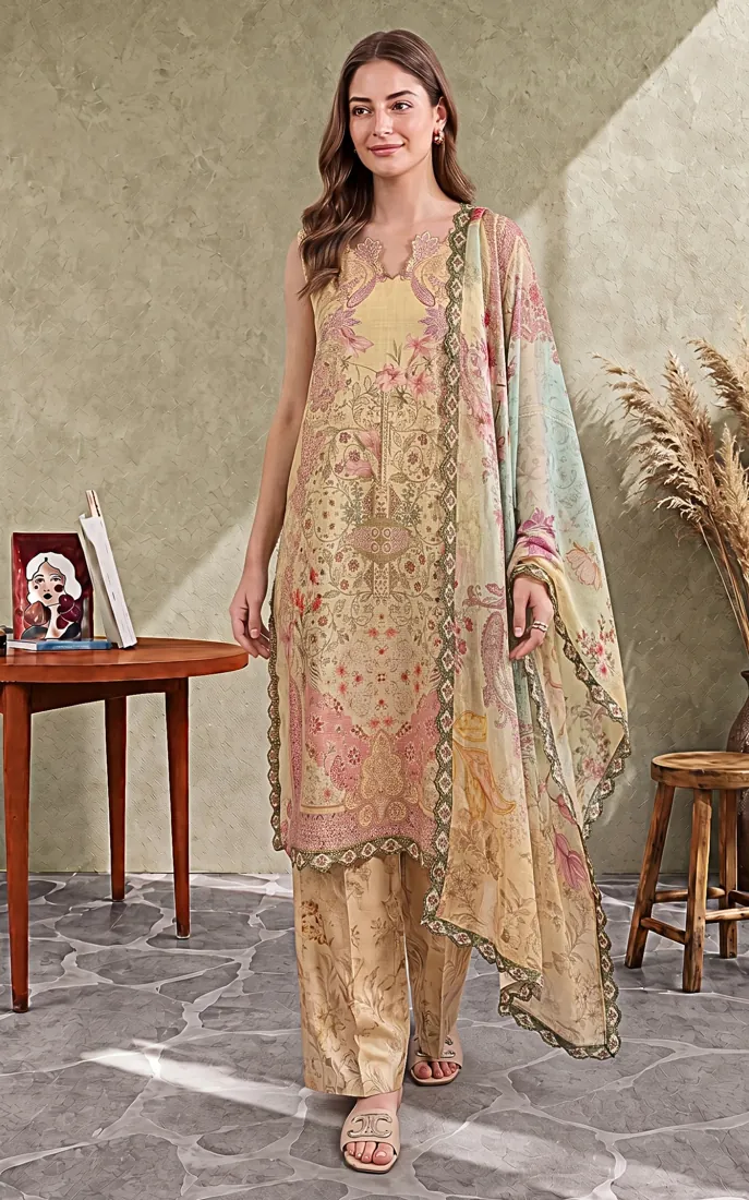 Beige Printed Cambric 3-Piece Winter Collection - image 1