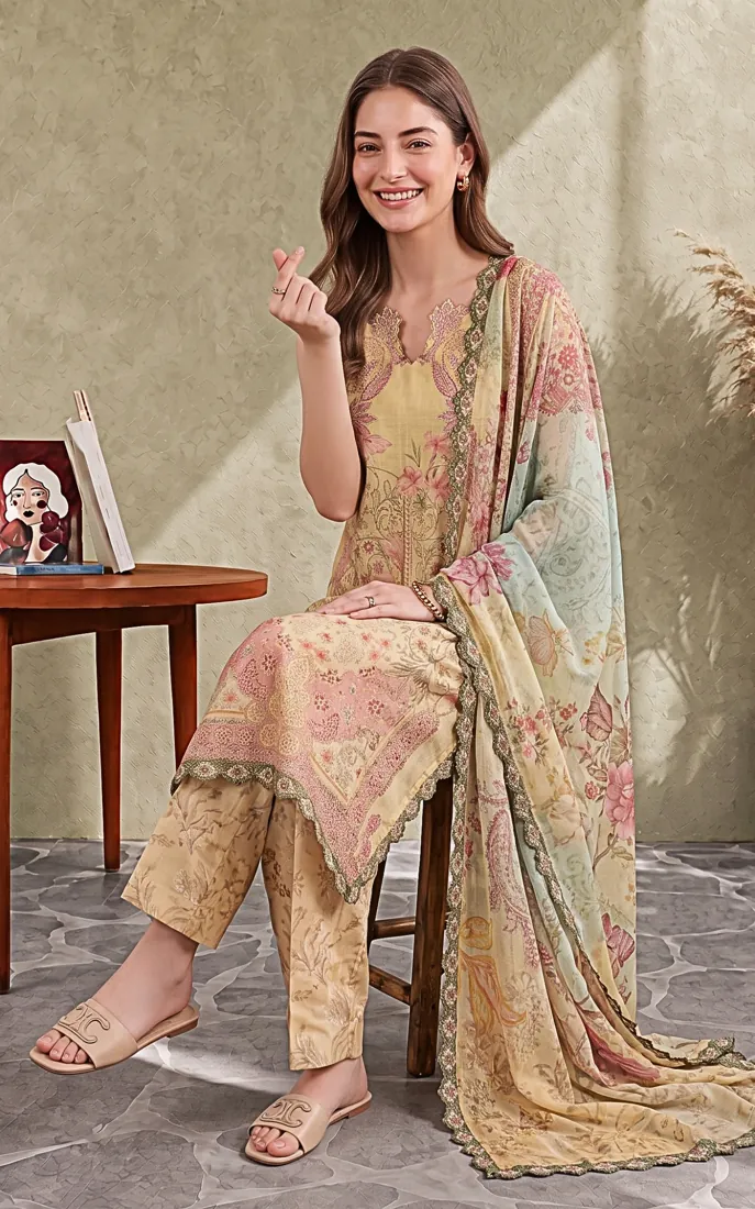 Beige Printed Cambric 3-Piece Winter Collection - image 3