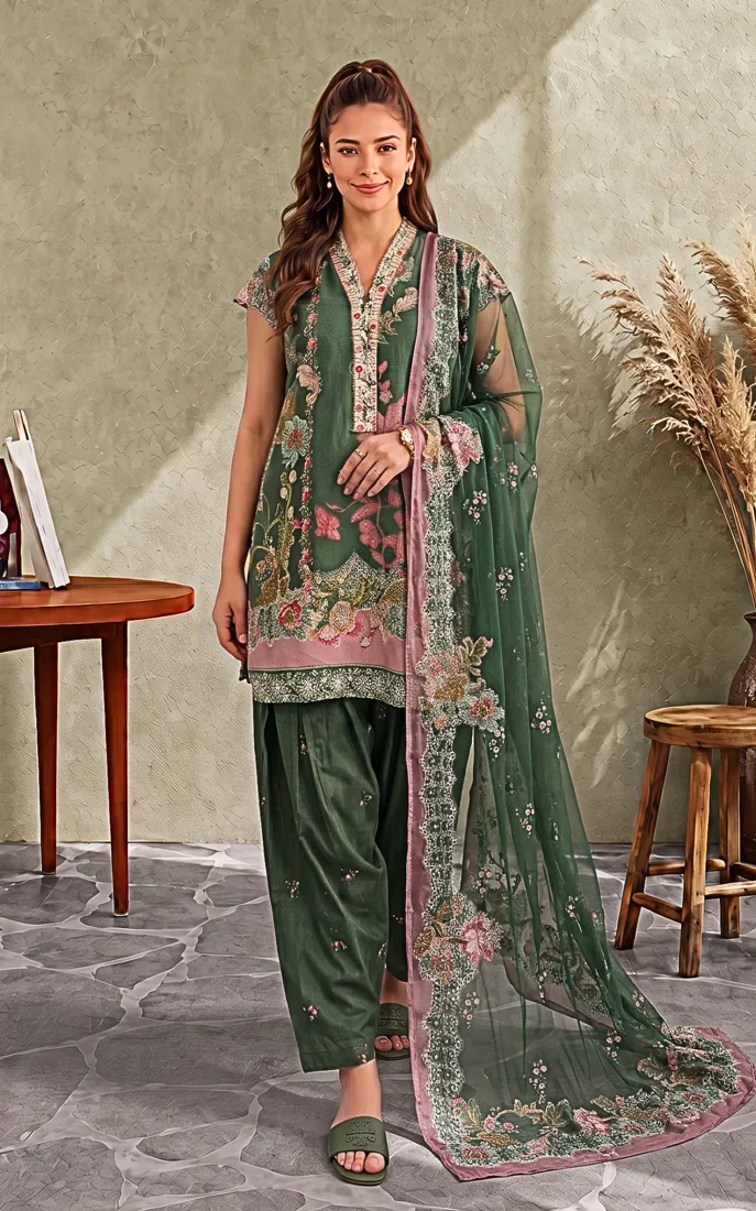 Bottle Green Printed Cambric 3-Piece Winter Collection - image 1