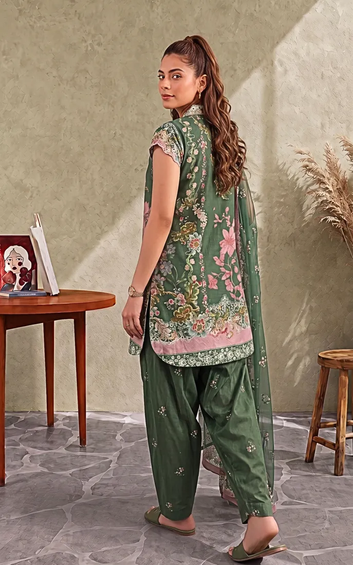 Bottle Green Printed Cambric 3-Piece Winter Collection - image 2