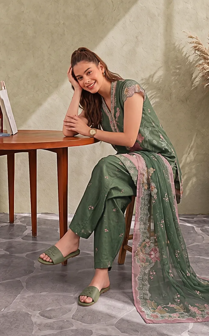 Bottle Green Printed Cambric 3-Piece Winter Collection - image 3