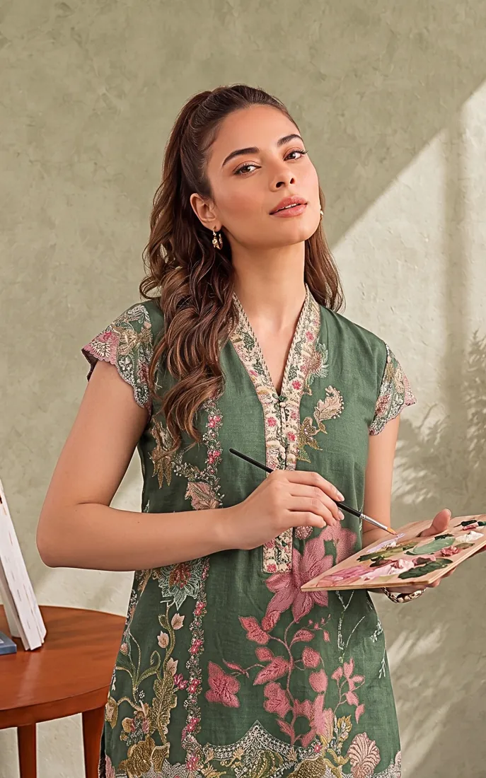 Bottle Green Printed Cambric 3-Piece Winter Collection - image 4
