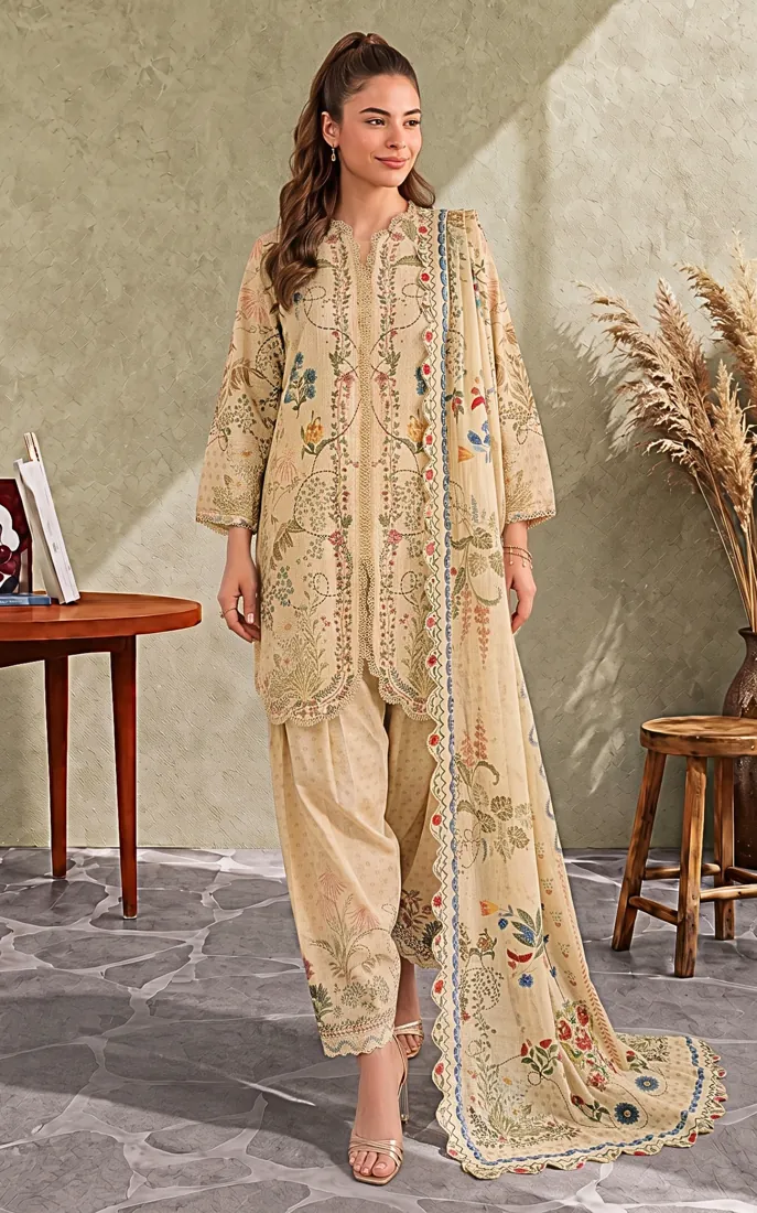 Cream Printed Cambric 3-Piece Winter Collection - image 1